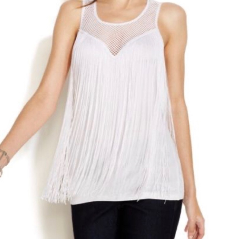 Fringed sleeveless, sweetheart neckline tank top